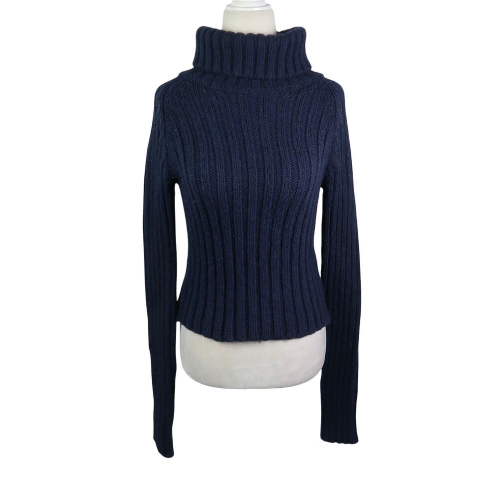 Vintage Navy Blue Alpaca Wool Blend Rib Knit Turtleneck Sweater S